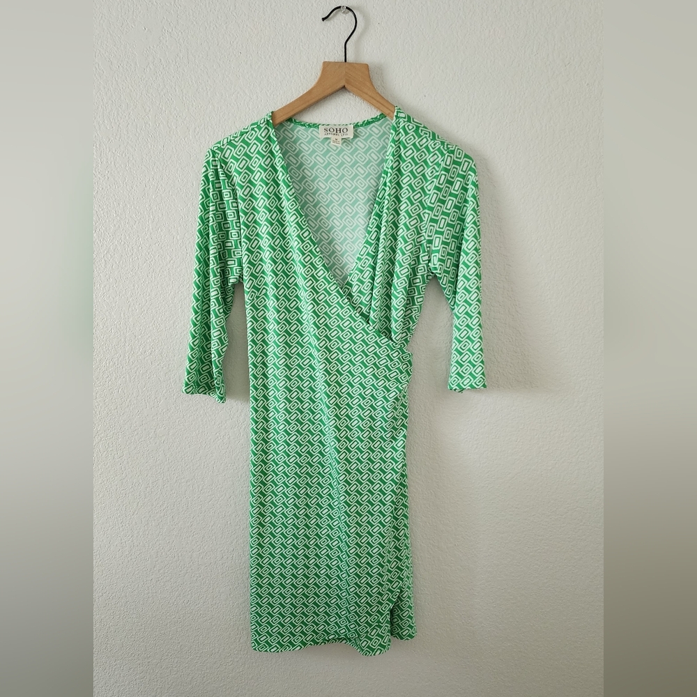 Women's Medium Green White Casual Career Wrap Spring Summer Dress
